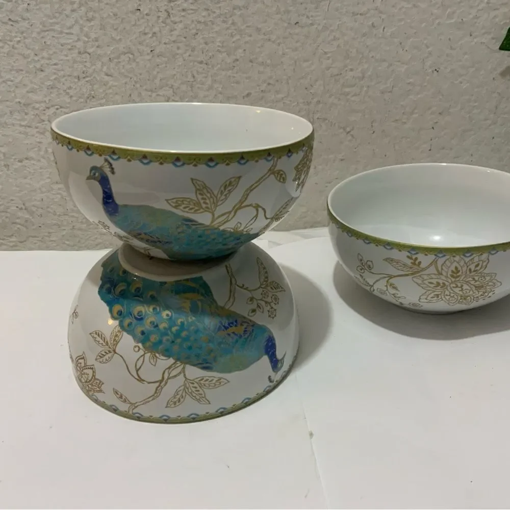 Set of 3; 222 Fifth Peacock Garden 5.5” Cereal Soup Bowls Fine China G14
